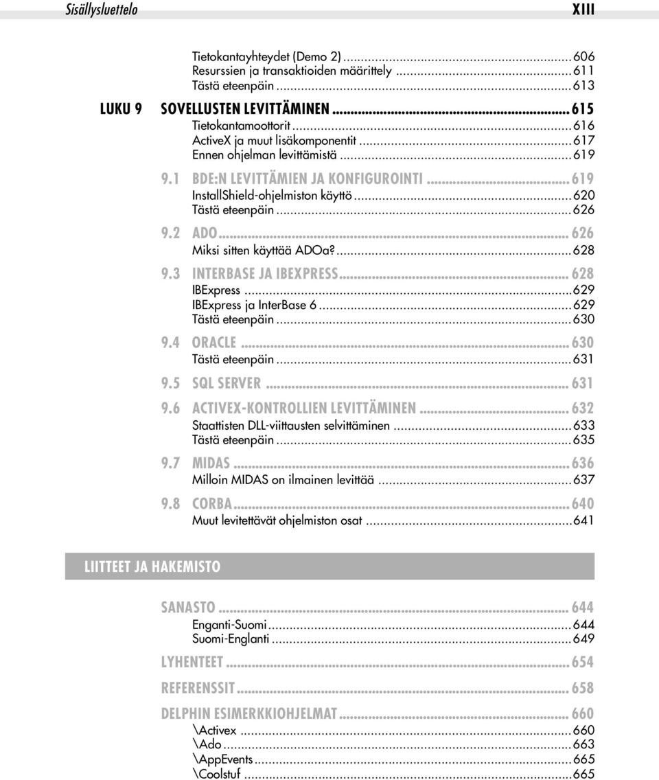 .. 626 Miksi sitten käyttää ADOa?...628 9.3 INTERBASE JA IBEXPRESS... 628 IBExpress...629 IBExpress ja InterBase 6...629 Tästä eteenpäin...630 9.4 ORACLE... 630 Tästä eteenpäin...631 9.5 SQL SERVER.