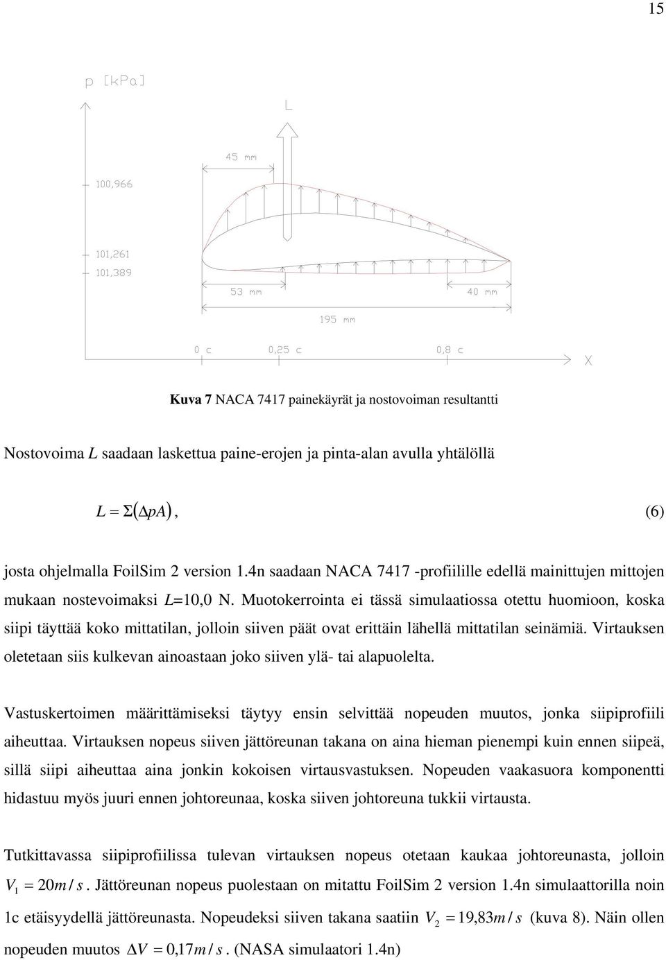 Muotokerrointa ei tässä simulaatiossa otettu huomioon, koska siipi täyttää koko mittatilan, jolloin siiven päät ovat erittäin lähellä mittatilan seinämiä.