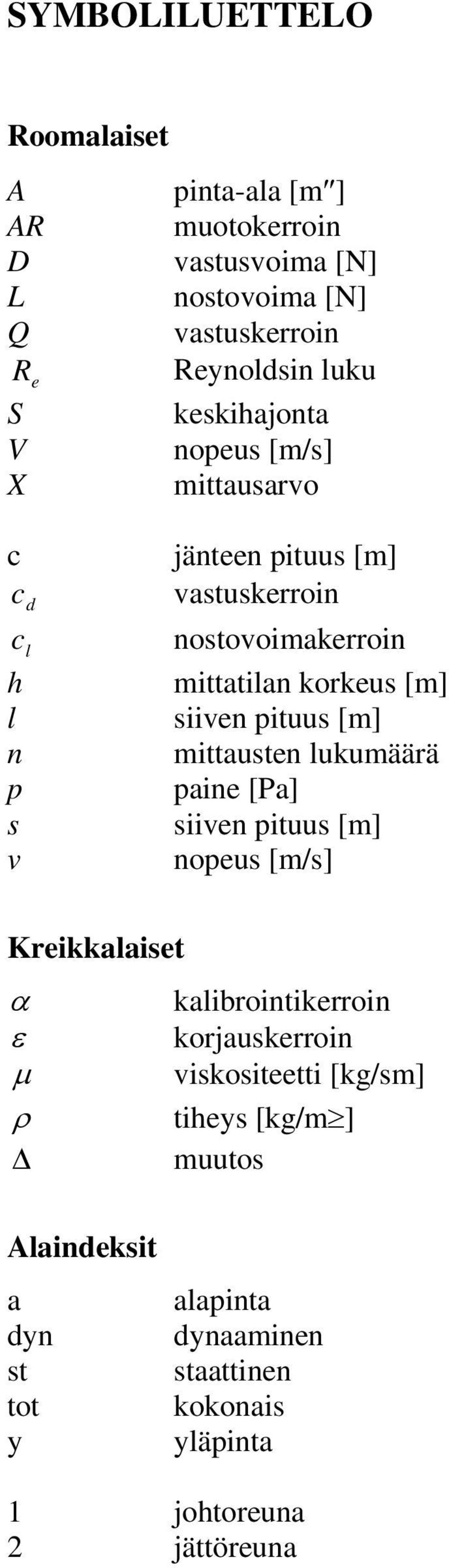 siiven pituus [m] mittausten lukumäärä paine [Pa] siiven pituus [m] nopeus [m/s] Kreikkalaiset α kalibrointikerroin ε korjauskerroin µ