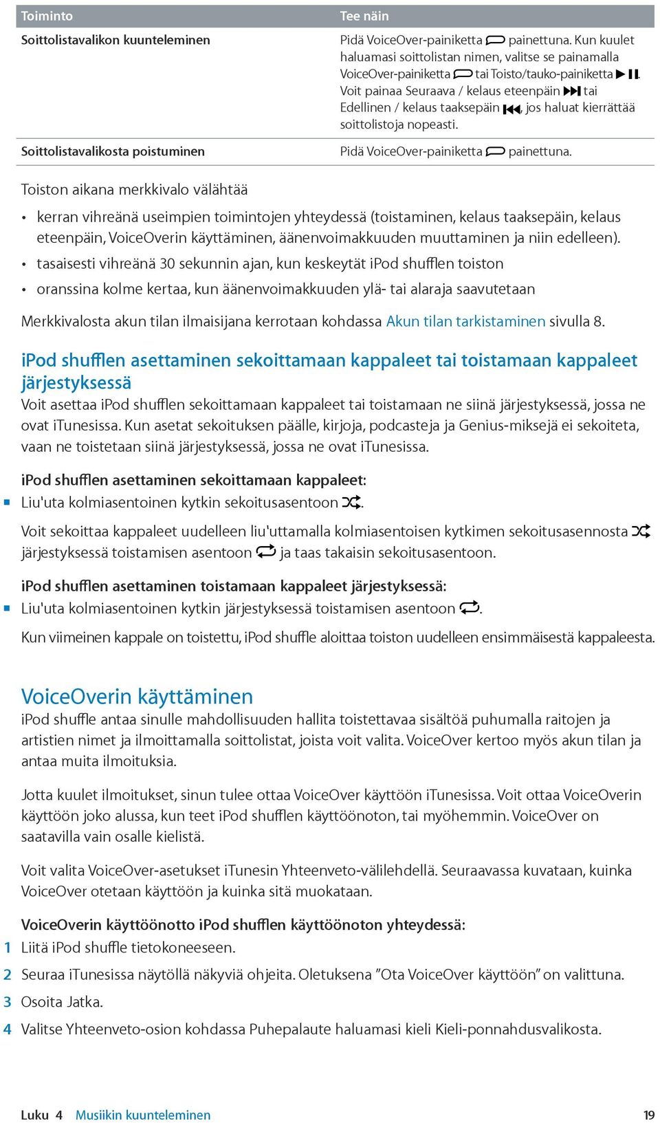 Voit painaa Seuraava / kelaus eteenpäin tai Edellinen / kelaus taaksepäin, jos haluat kierrättää soittolistoja nopeasti. Soittolistavalikosta poistuminen Pidä VoiceOver-painiketta painettuna.