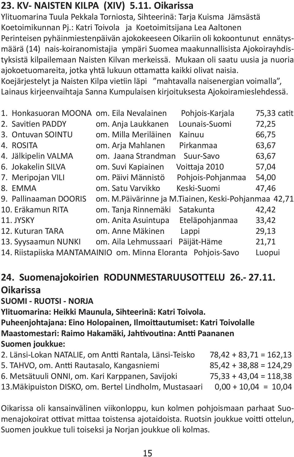 Ajokoirayhdistyksistä kilpailemaan Naisten Kilvan merkeissä. Mukaan oli saatu uusia ja nuoria ajokoetuomareita, jotka yhtä lukuun ottamatta kaikki olivat naisia.