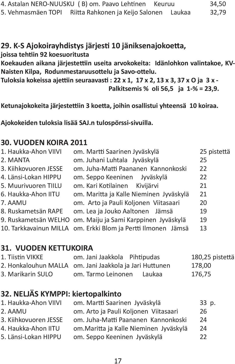 ja Savo-ottelu. Tuloksia kokeissa ajettiin seuraavasti : 22 x 1, 17 x 2, 13 x 3, 37 x O ja 3 x - Palkitsemis % oli 56,5 ja 1-% = 23,9.