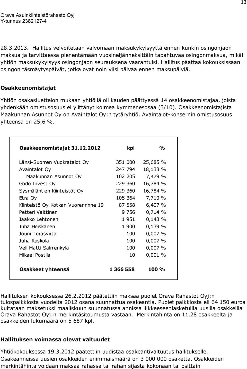 seurauksena vaarantuisi. Hallitus päättää kokouksissaan osingon täsmäytyspäivät, jotka ovat noin viisi päivää ennen maksupäiviä.