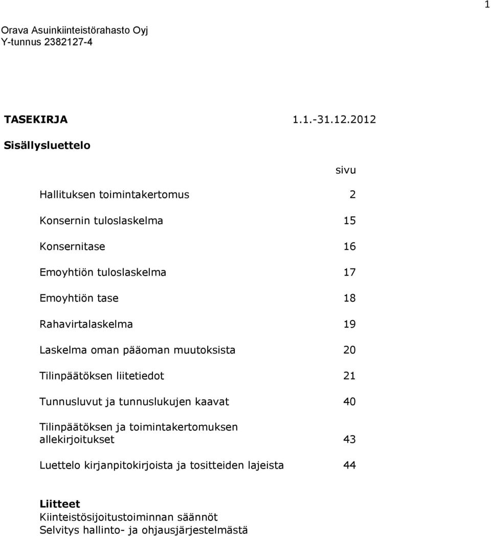 17 Emoyhtiön tase 18 Rahavirtalaskelma 19 Laskelma oman pääoman muutoksista 20 Tilinpäätöksen liitetiedot 21 Tunnusluvut ja