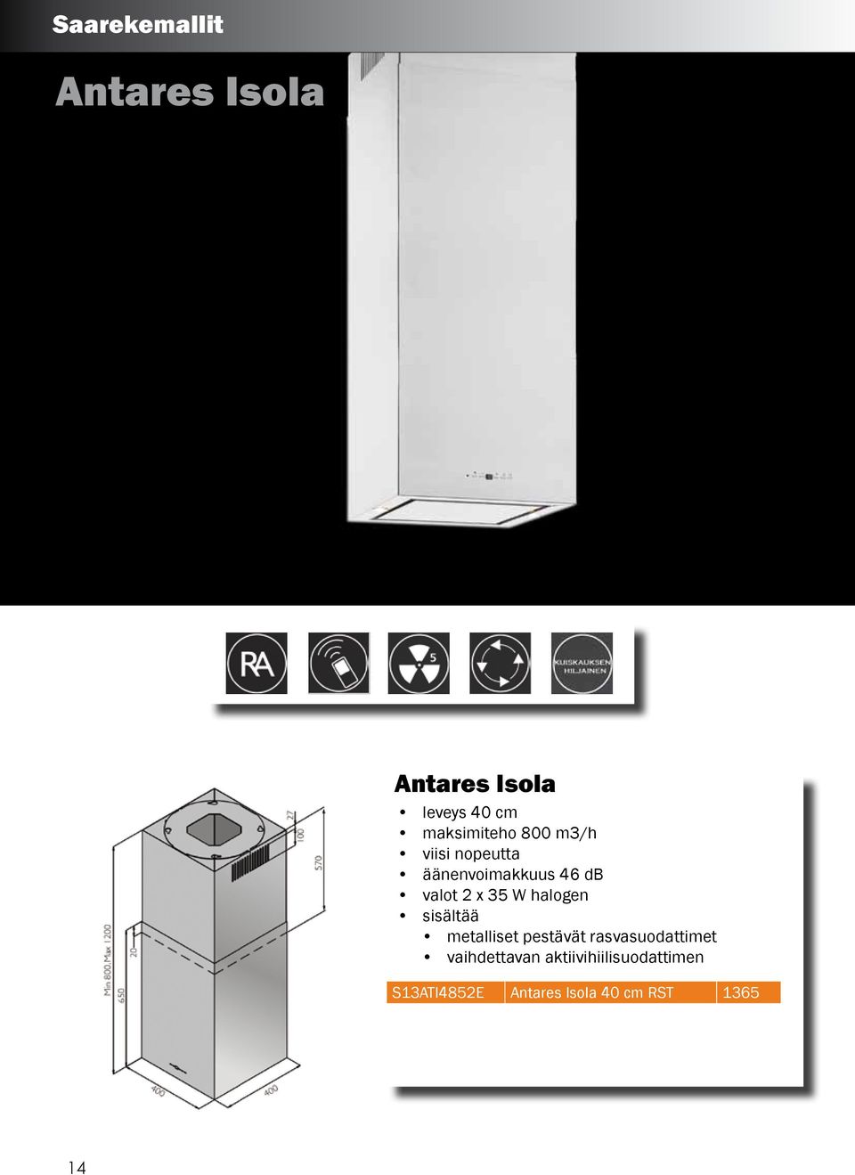 nopeutta äänenvoimakkuus 46 db valot 2 x 35 W