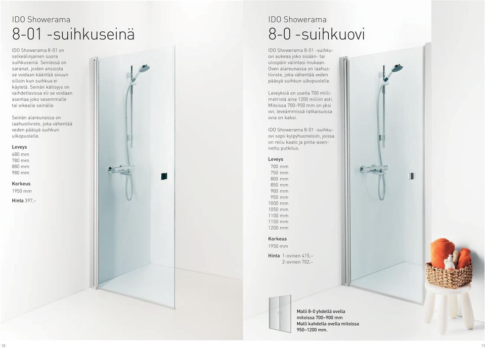 680 mm 780 mm 880 mm 980 mm Hinta 397, 8-0 -suihkuovi 8-01 -suihkuovi aukeaa joko sisään- tai ulospäin valintasi mukaan.