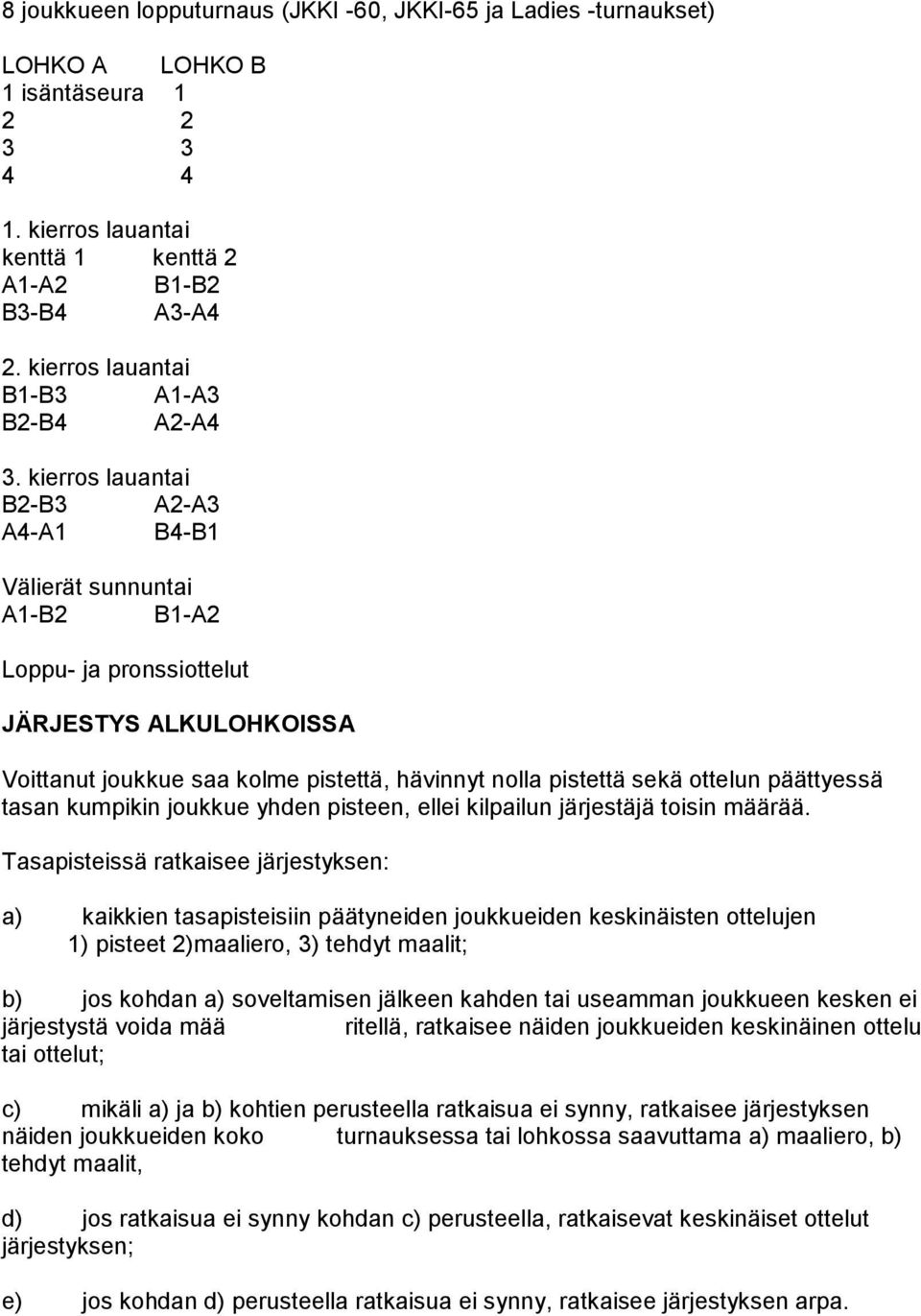 kierros lauantai B2-B3 A2-A3 A4-A1 B4-B1 Välierät sunnuntai A1-B2 B1-A2 Loppu- ja pronssiottelut JÄRJESTYS ALKULOHKOISSA Voittanut joukkue saa kolme pistettä, hävinnyt nolla pistettä sekä ottelun