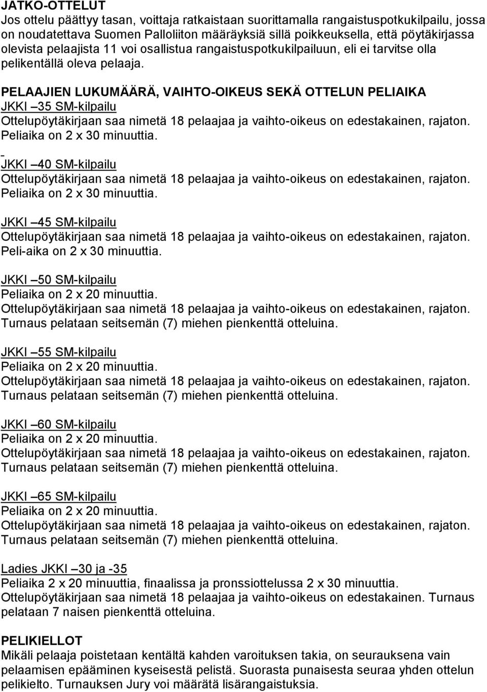 PELAAJIEN LUKUMÄÄRÄ, VAIHTO-OIKEUS SEKÄ OTTELUN PELIAIKA JKKI 35 SM-kilpailu Peliaika on 2 x 30 minuuttia. JKKI 40 SM-kilpailu Peliaika on 2 x 30 minuuttia.