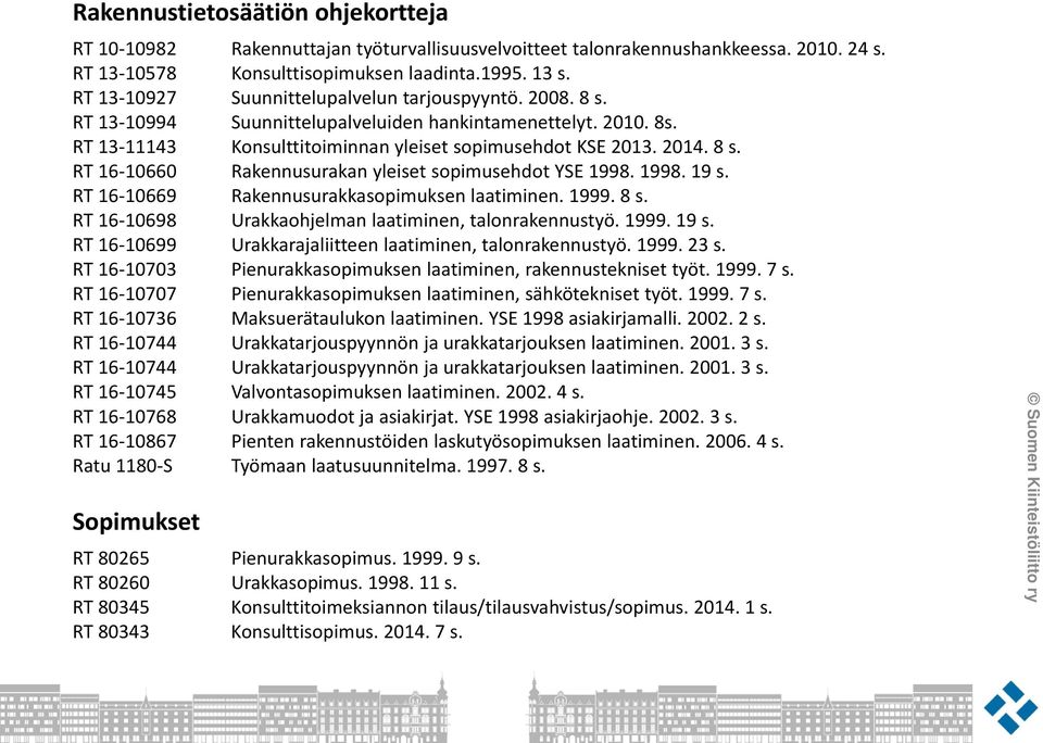 1998. 19 s. RT 16-10669 Rakennusurakkasopimuksen laatiminen. 1999. 8 s. RT 16-10698 Urakkaohjelman laatiminen, talonrakennustyö. 1999. 19 s. RT 16-10699 Urakkarajaliitteen laatiminen, talonrakennustyö.