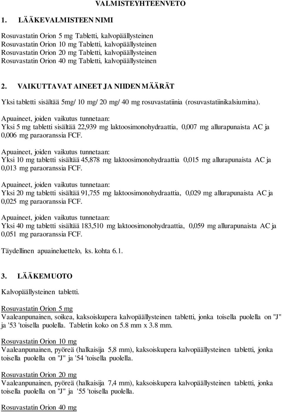 VAIKUTTAVAT AINEET JA NIIDEN MÄÄRÄT Yksi tabletti sisältää 5mg/ 10 mg/ 20 mg/ 40 mg rosuvastatiinia (rosuvastatiinikalsiumina).