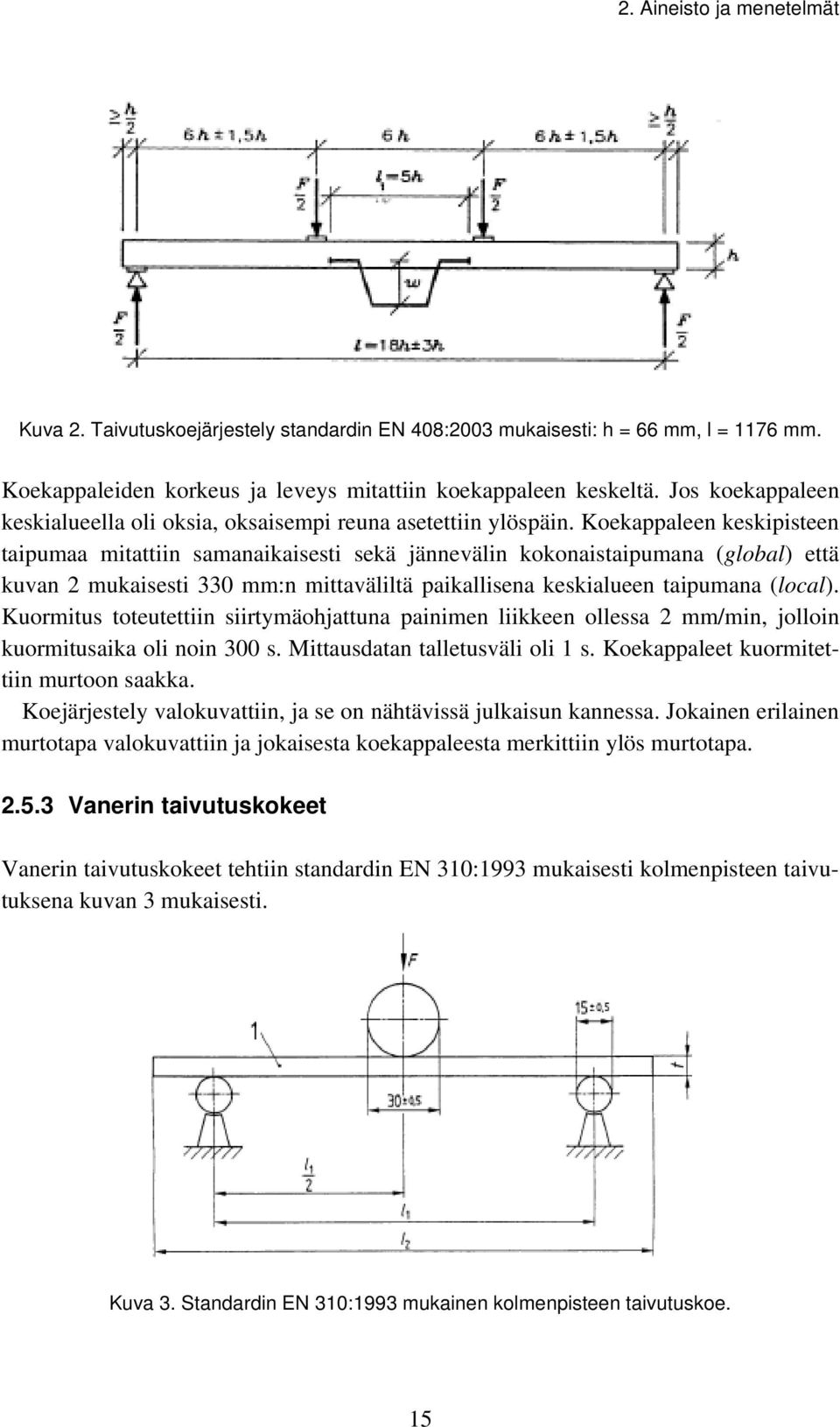 Koekappaleen keskipisteen taipumaa mitattiin samanaikaisesti sekä jännevälin kokonaistaipumana (global) että kuvan 2 mukaisesti 330 mm:n mittaväliltä paikallisena keskialueen taipumana (local).