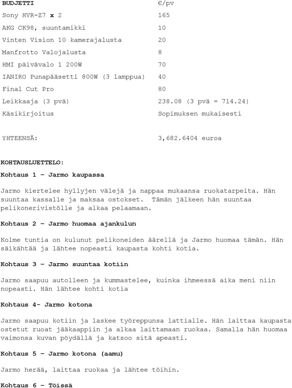 6404 euroa KOHTAUSLUETTELO: Kohtaus 1 Jarmo kaupassa Jarmo kiertelee hyllyjen välejä ja nappaa mukaansa ruokatarpeita. Hän suuntaa kassalle ja maksaa ostokset.