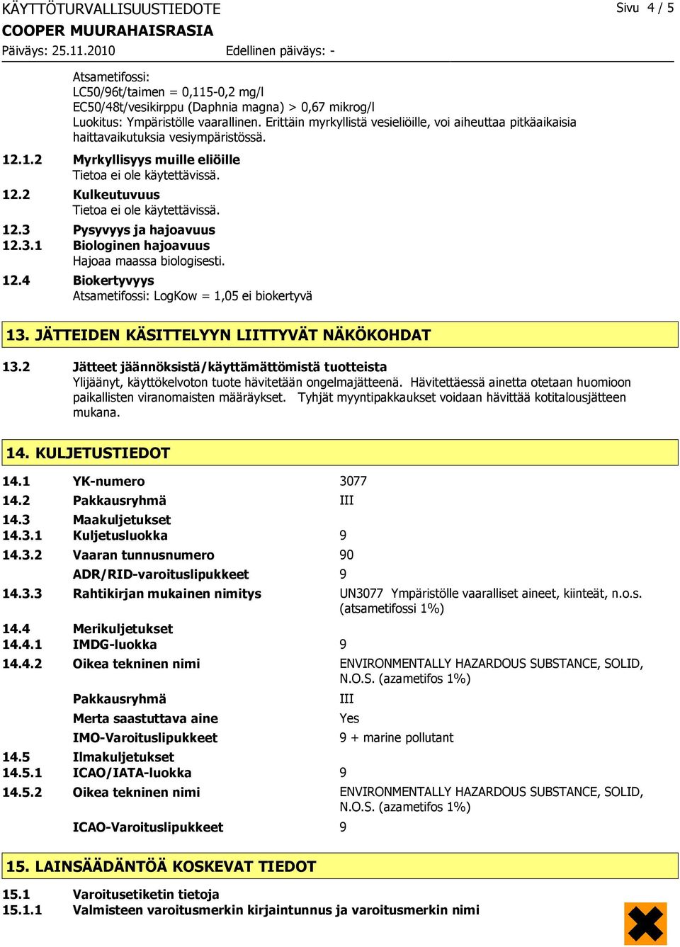 12.3 Pysyvyys ja hajoavuus 12.3.1 Biologinen hajoavuus Hajoaa maassa biologisesti. 12.4 Biokertyvyys Atsametifossi: LogKow = 1,05 ei biokertyvä 13. JÄTTEIDEN KÄSITTELYYN LIITTYVÄT NÄKÖKOHDAT 13.