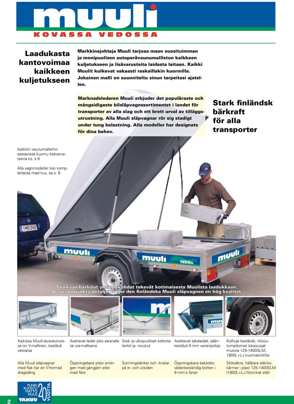 Marknadsledaren Muuli erbjuder det populäraste och mångsidigaste bilsläpvagnssortimentet i landet för transporter av alla slag och ett brett urval av tilläggsutrustning.
