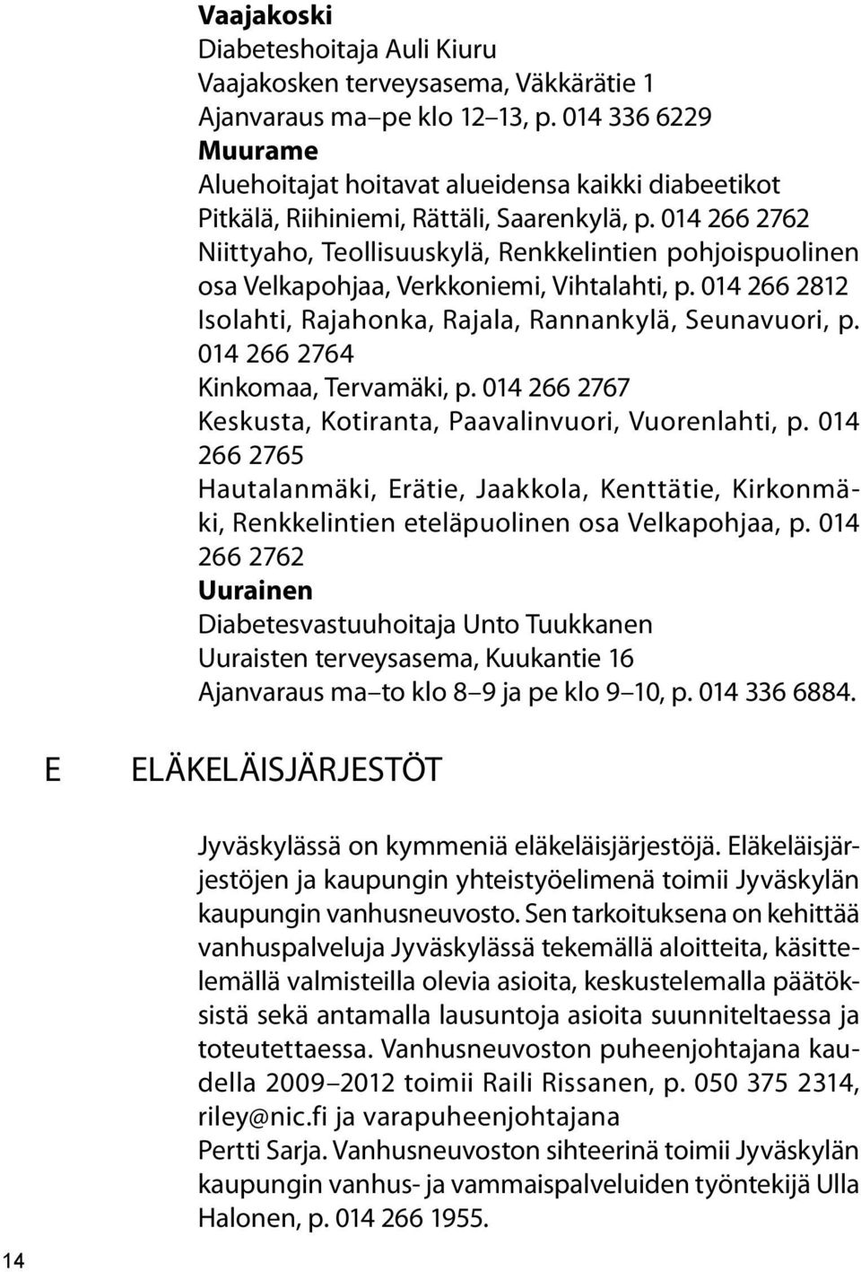 014 266 2762 Niittyaho, Teollisuuskylä, Renkkelintien pohjoispuolinen osa Velkapohjaa, Verkkoniemi, Vihtalahti, p. 014 266 2812 Isolahti, Rajahonka, Rajala, Rannankylä, Seunavuori, p.