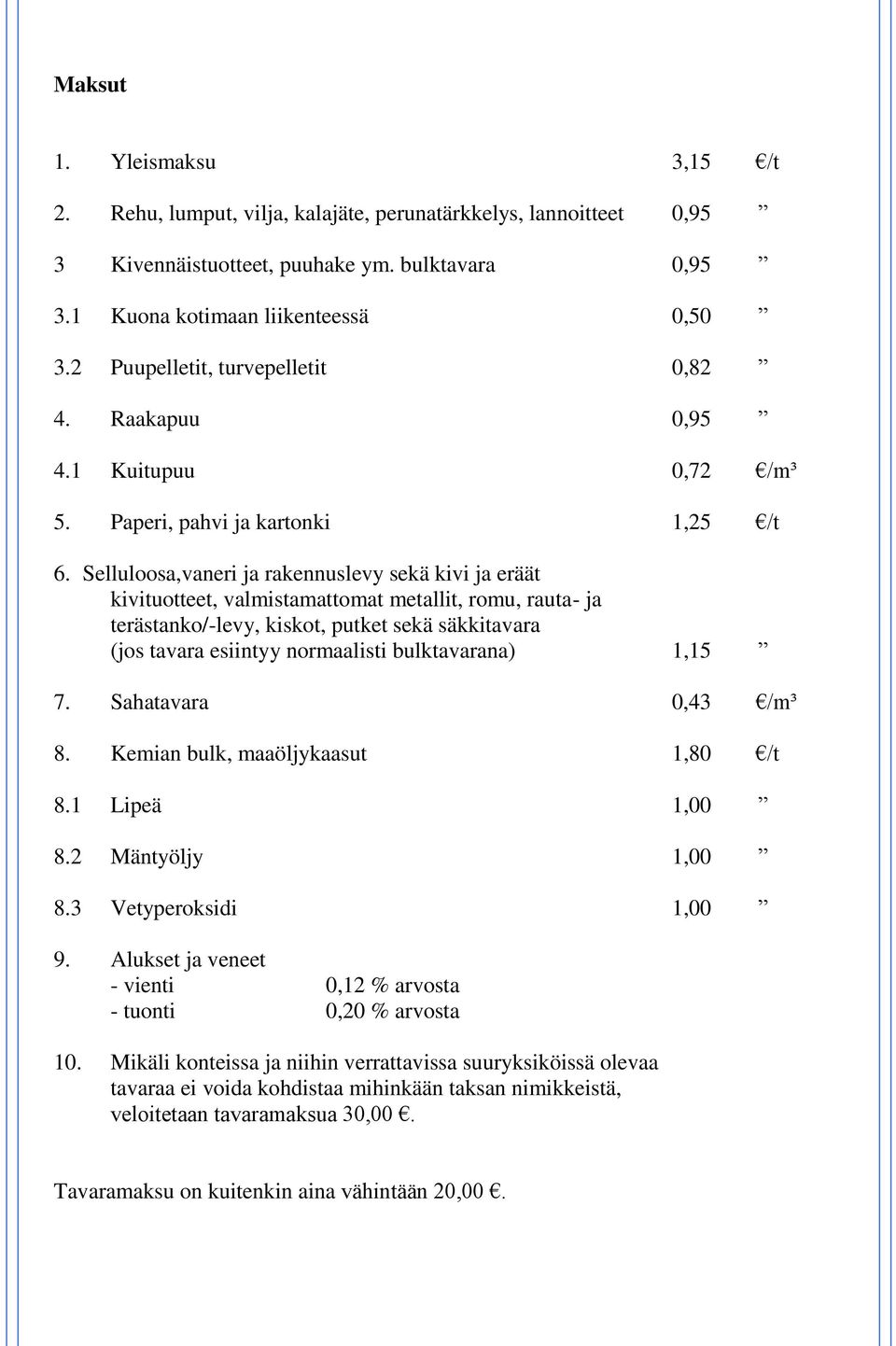 Selluloosa,vaneri ja rakennuslevy sekä kivi ja eräät kivituotteet, valmistamattomat metallit, romu, rauta- ja terästanko/-levy, kiskot, putket sekä säkkitavara (jos tavara esiintyy normaalisti