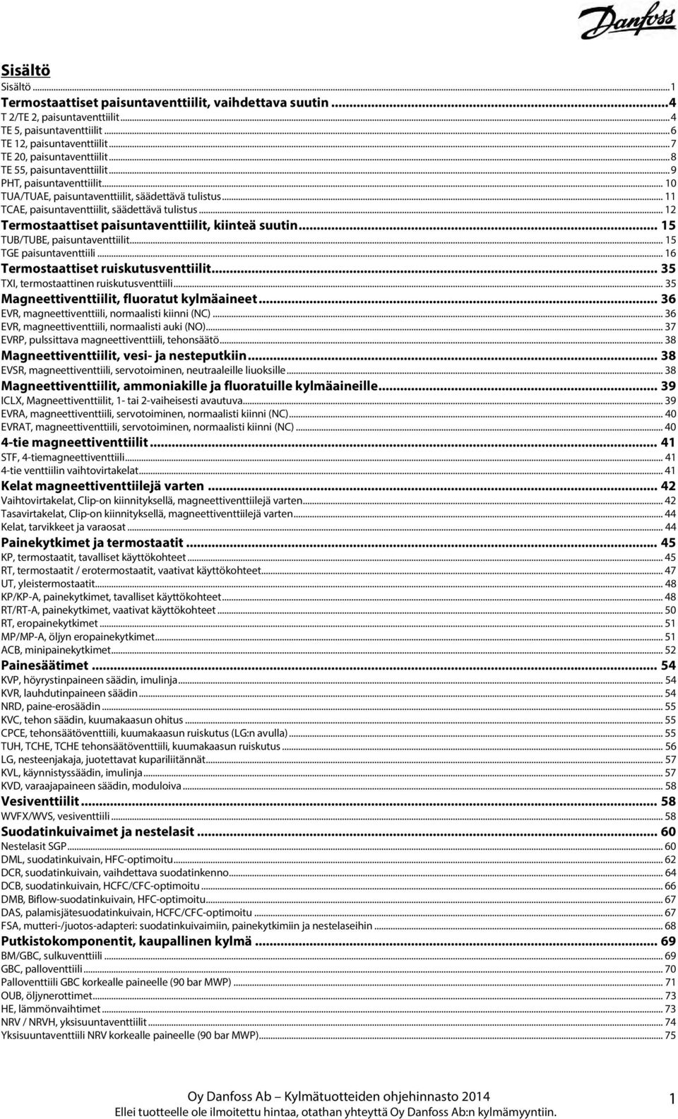 .. 2 Termostaattiset paisuntaventtiilit, kiinteä suutin... 5 TUB/TUBE, paisuntaventtiilit... 5 TGE paisuntaventtiili... 6 Termostaattiset ruiskutusventtiilit.