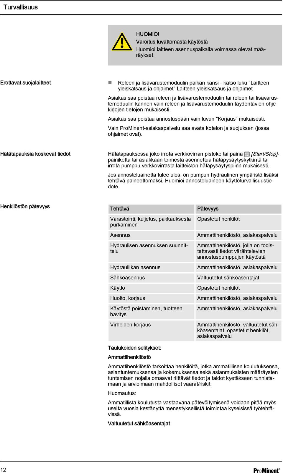 tai releen tai lisävarustemoduulin kannen vain releen ja lisävarustemoduulin täydentävien ohjekirjojen tietojen mukaisesti. Asiakas saa poistaa annostuspään vain luvun "Korjaus" mukaisesti.