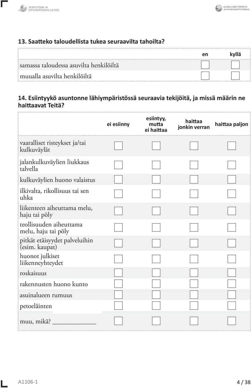 ei esiinny esiintyy, mutta ei haittaa haittaa jonkin verran haittaa paljon vaaralliset risteykset ja/tai kulkuväylät jalankulkuväylien liukkaus talvella kulkuväylien huono