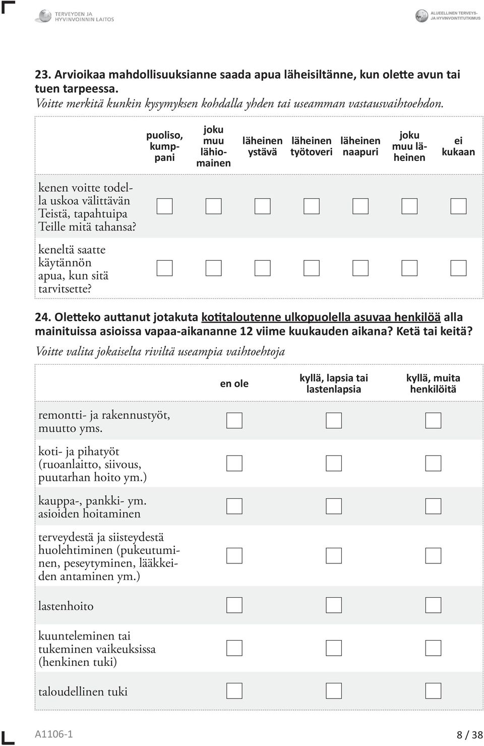 keneltä saatte käytännön apua, kun sitä tarvitsette? 24. Oletteko auttanut jotakuta kotitaloutenne ulkopuolella asuvaa henkilöä alla mainituissa asioissa vapaa-aikananne 12 viime kuukauden aikana?