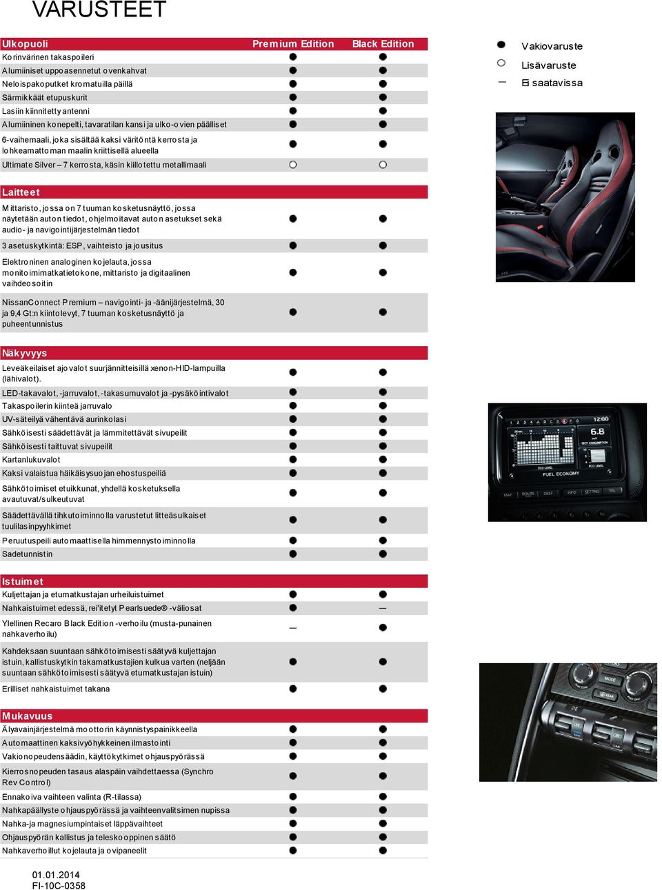 alueella Ultimate Silver 7 kerrosta, käsin kiillotettu metallimaali Laitteet M ittaristo, jo ssa on 7 tuuman ko sketusnäyttö, jossa näytetään auton tiedot, ohjelmoitavat auto n asetukset sekä audio-