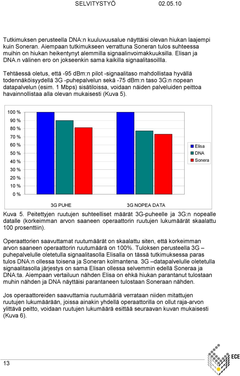 Tehtäessä oletus, että -95 dbm:n pilot -signaalitaso mahdollistaa hyvällä todennäköisyydellä 3G -puhepalvelun sekä -75 dbm:n taso 3G:n nopean datapalvelun (esim.