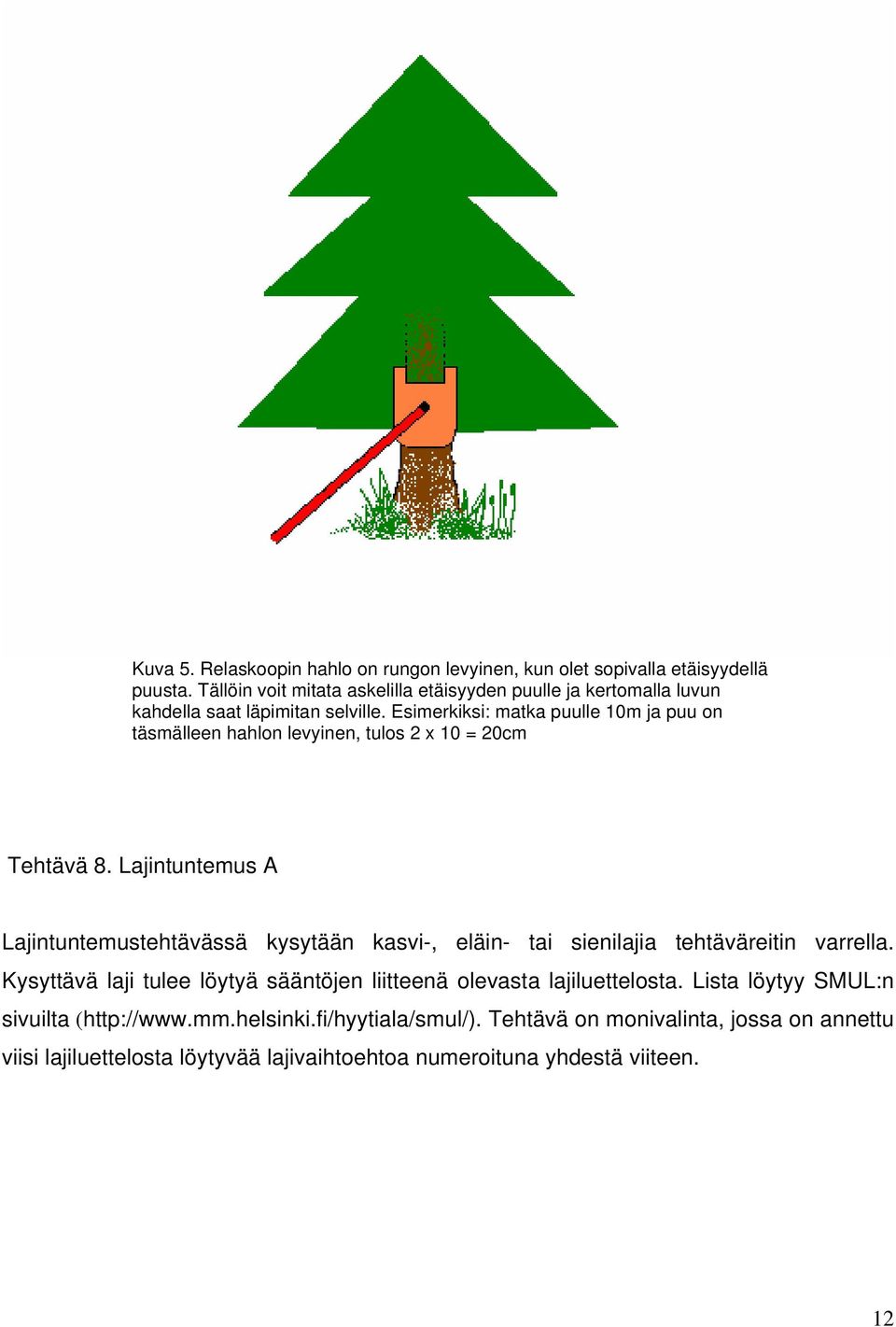 Esimerkiksi: matka puulle 10m ja puu on täsmälleen hahlon levyinen, tulos 2 x 10 = 20cm Tehtävä 8.