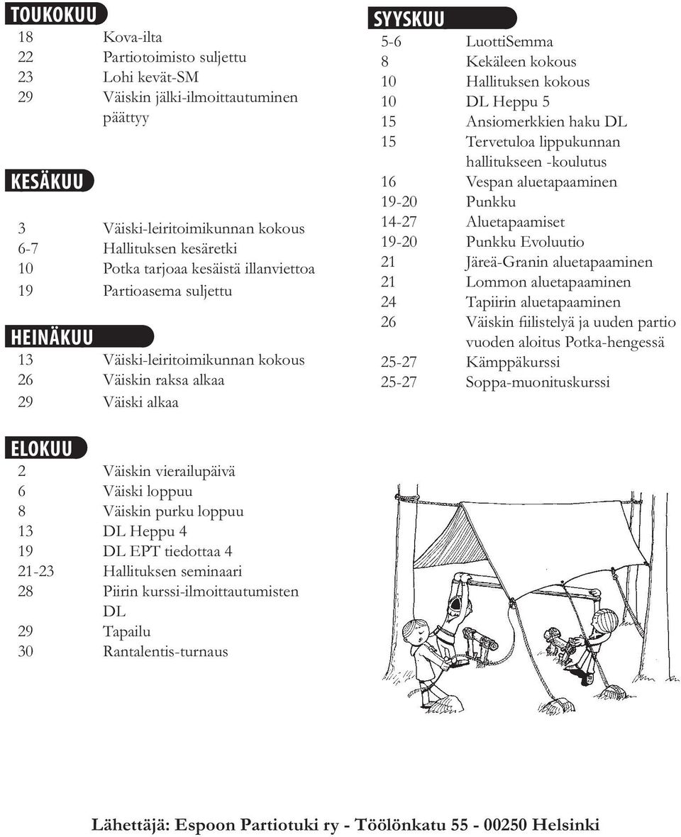 Heppu 5 15 Ansiomerkkien haku DL 15 Tervetuloa lippukunnan hallitukseen -koulutus 16 Vespan aluetapaaminen 19-20 Punkku 14-27 Aluetapaamiset 19-20 Punkku Evoluutio 21 Järeä-Granin aluetapaaminen 21