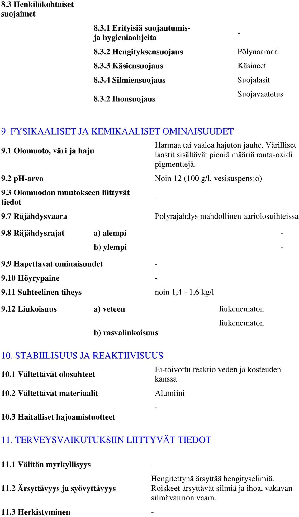 3 Olomuodon muutokseen liittyvät 9.7 Räjähdysvaara Pölyräjähdys mahdollinen ääriolosuihteissa 9.8 Räjähdysrajat a) alempi 9.9 Hapettavat ominaisuudet 9.10 Höyrypaine b) ylempi 9.