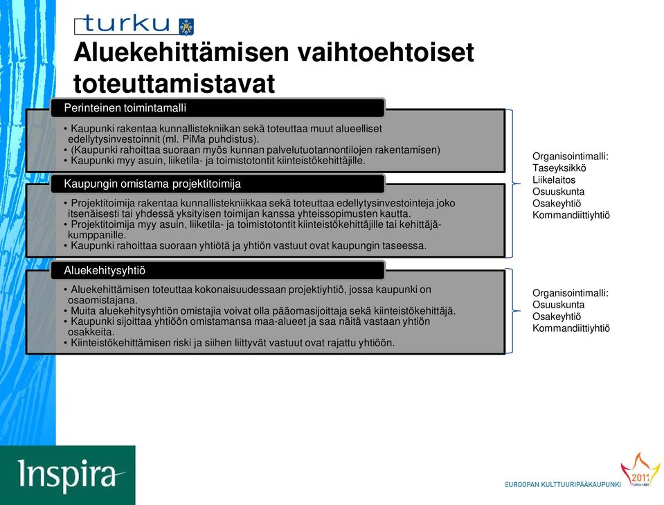 Kaupungin omistama projektitoimija Projektitoimija rakentaa kunnallistekniikkaa sekä toteuttaa edellytysinvestointeja joko itsenäisesti tai yhdessä yksityisen toimijan kanssa yhteissopimusten kautta.