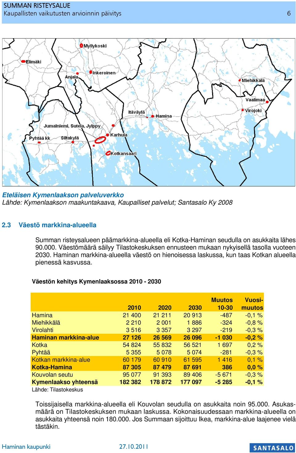 Väestömäärä säilyy Tilastokeskuksen ennusteen mukaan nykyisellä tasolla vuoteen 2030. Haminan markkina-alueella väestö on hienoisessa laskussa, kun taas Kotkan alueella pienessä kasvussa.