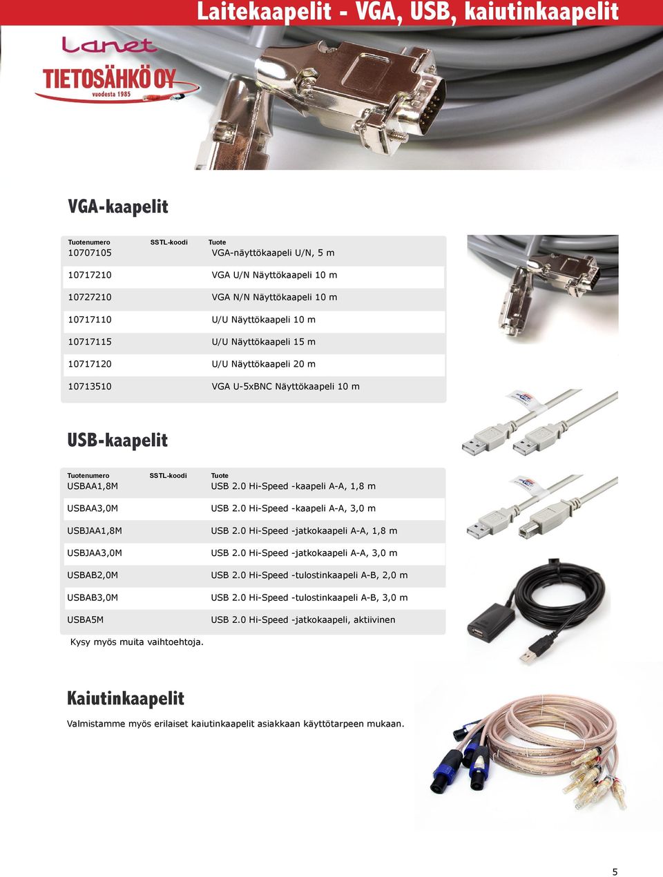 0 Hi-Speed -kaapeli A-A, 1,8 m USBAA3,0M USBJAA1,8M USBJAA3,0M USBAB2,0M USBAB3,0M USBA5M USB 2.0 Hi-Speed -kaapeli A-A, 3,0 m USB 2.0 Hi-Speed -jatkokaapeli A-A, 1,8 m USB 2.
