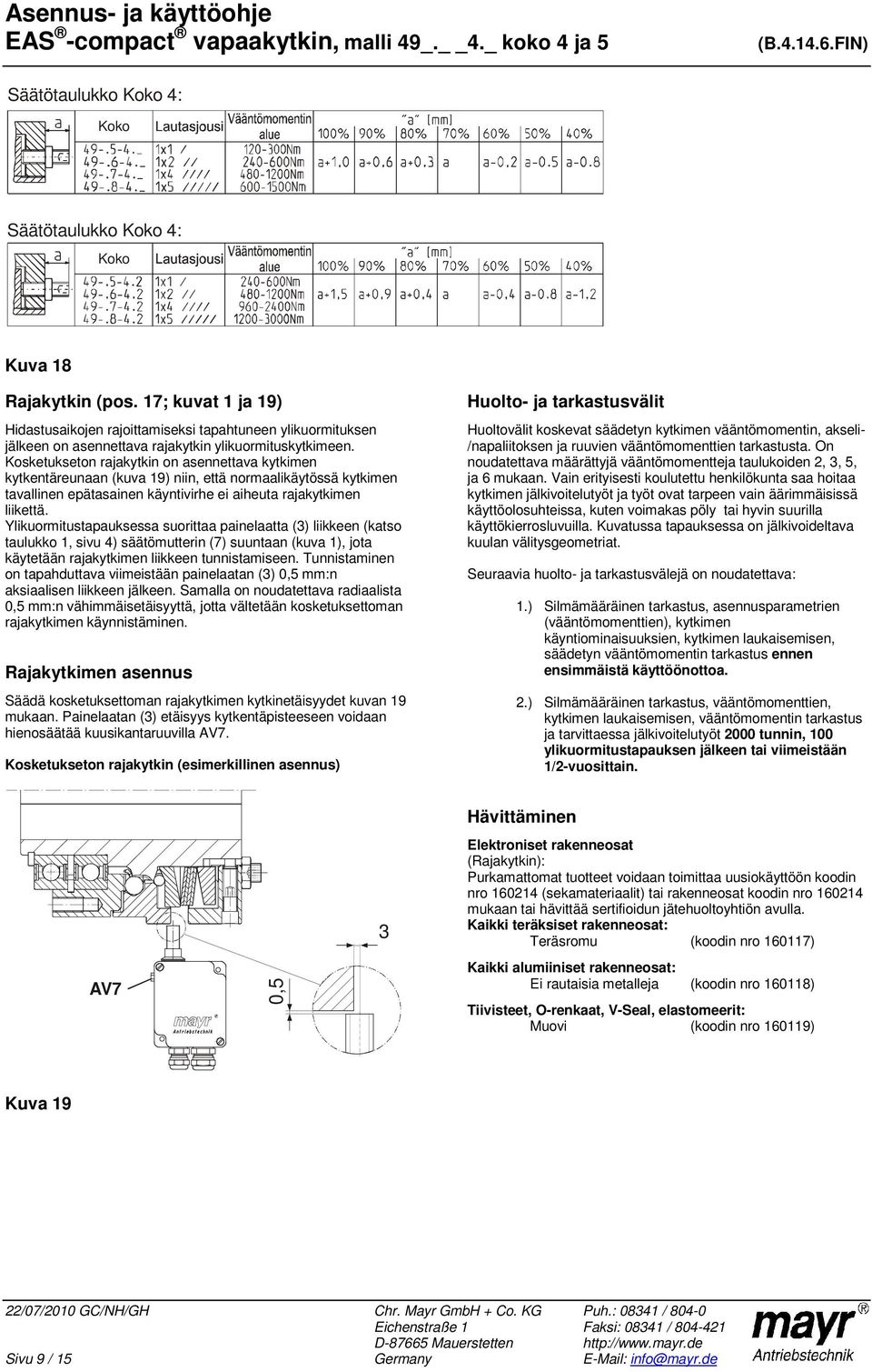 Ylikuormitustapauksessa suorittaa painelaatta () liikkeen (katso taulukko, sivu ) säätömutterin (7) suuntaan (kuva ), jota käytetään rajakytkimen liikkeen tunnistamiseen.