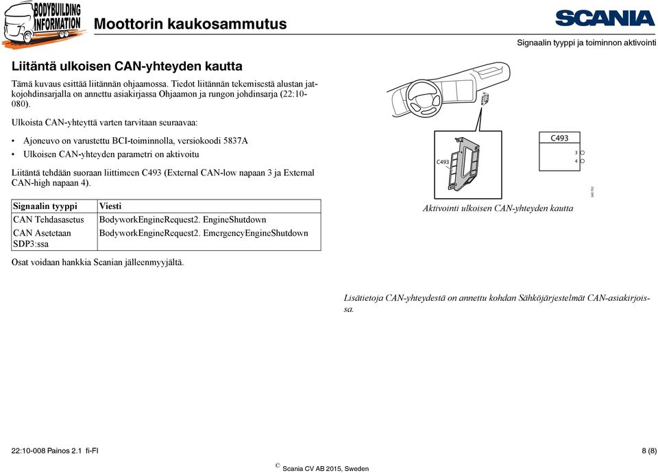 Ulkoista CAN-yhteyttä varten tarvitaan seuraavaa: Ajoneuvo on varustettu BCI-toiminnolla, versiokoodi 5837A Ulkoisen CAN-yhteyden parametri on aktivoitu Liitäntä tehdään suoraan liittimeen C493