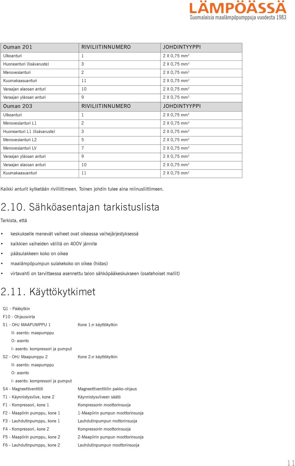 Huoneanturi L1 (lisävaruste) 3 2 X 0,75 mm 2 Menovesianturi L2 5 2 X 0,75 mm 2 Menovesianturi LV 7 2 X 0,75 mm 2 Varaajan yläosan anturi 9 2 X 0,75 mm 2 Varaajan alaosan anturi 10 2 X 0,75 mm 2