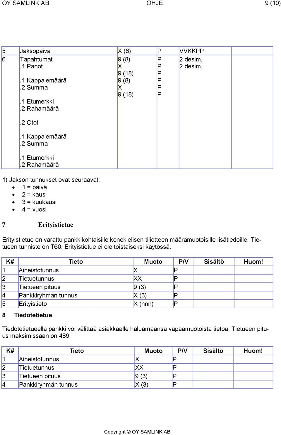 2 Rahamäärä 1) Jakson tunnukset ovat seuraavat: 1 = päivä 2 = kausi 3 = kuukausi 4 = vuosi 7 Erityistietue 9 (8) 9 (8) Erityistietue on varattu pankkikohtaisille konekielisen tiliotteen