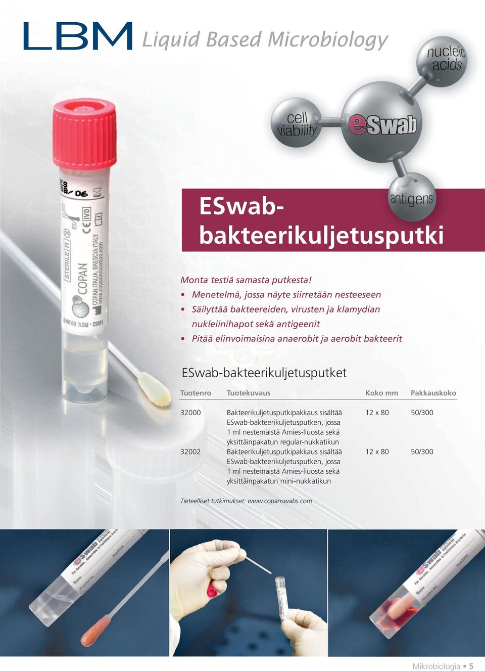 ESwab-bakteerikuljetusputket Tuotenro Tuotekuvaus Koko mm Pakkauskoko 32000 Bakteerikuljetusputkipakkaus sisältää 12 x 80 50/300 ESwab-bakteerikuljetusputken, jossa 1 ml
