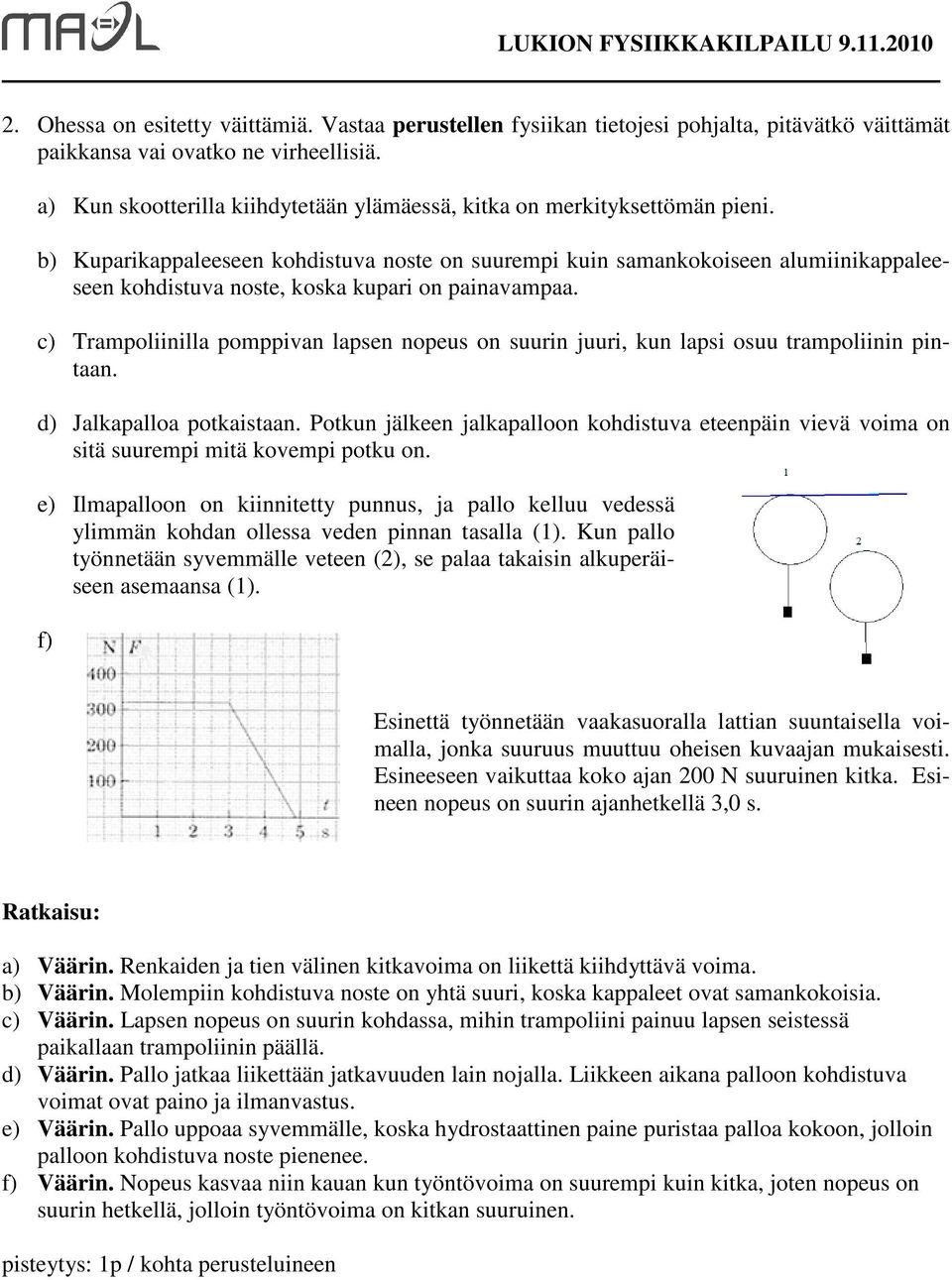 b) Kuparikappaleeseen kohdistuva noste on suurempi kuin samankokoiseen alumiinikappaleeseen kohdistuva noste, koska kupari on painavampaa.