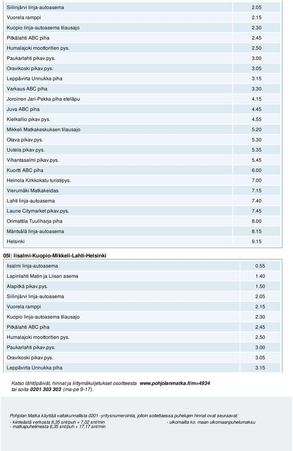 20 Otava pikav.pys. 5.30 Uutela pikav.pys. 5.35 Vihantasalmi pikav.pys. 5.45 Kuortti ABC piha 6.00 Heinola Kirkkokatu turistipys. 7.