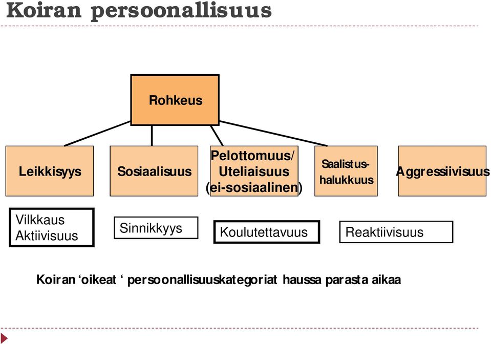 Aggressiivisuus Vilkkaus Aktiivisuus Sinnikkyys Koulutettavuus