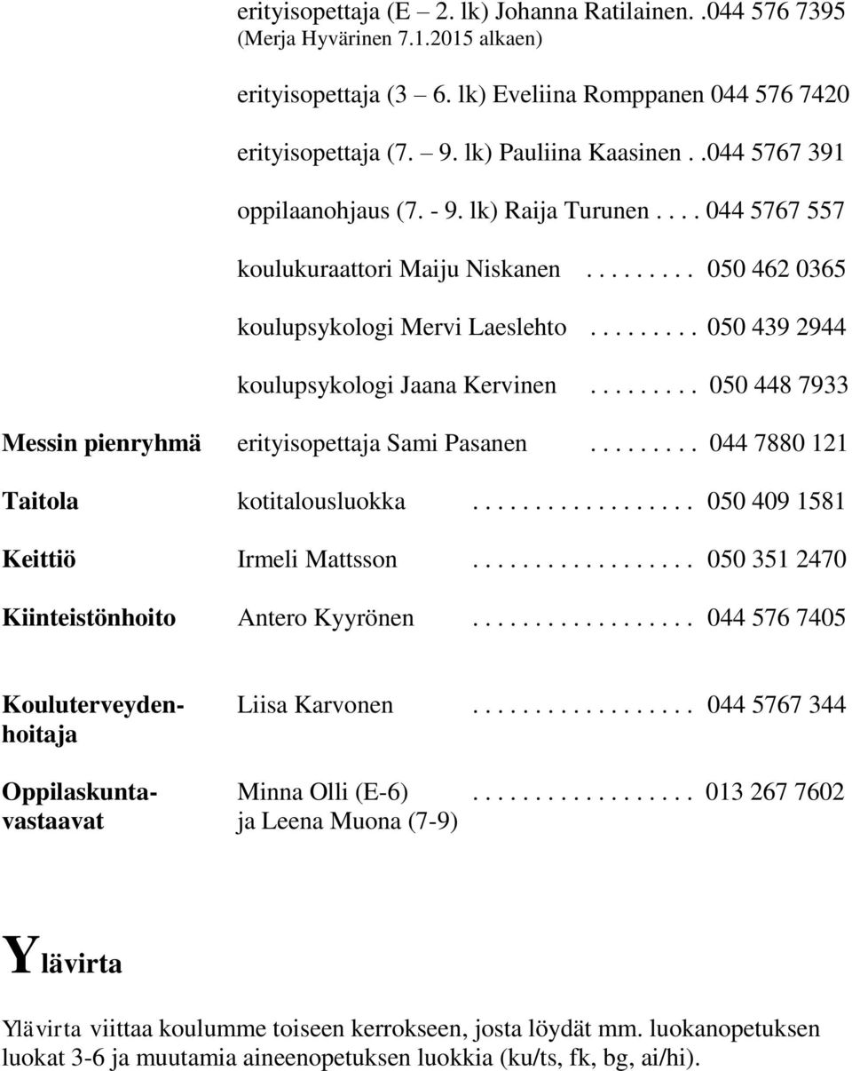 ........ 050 439 2944 koulupsykologi Jaana Kervinen......... 050 448 7933 Messin pienryhmä erityisopettaja Sami Pasanen......... 044 7880 121 Taitola kotitalousluokka.