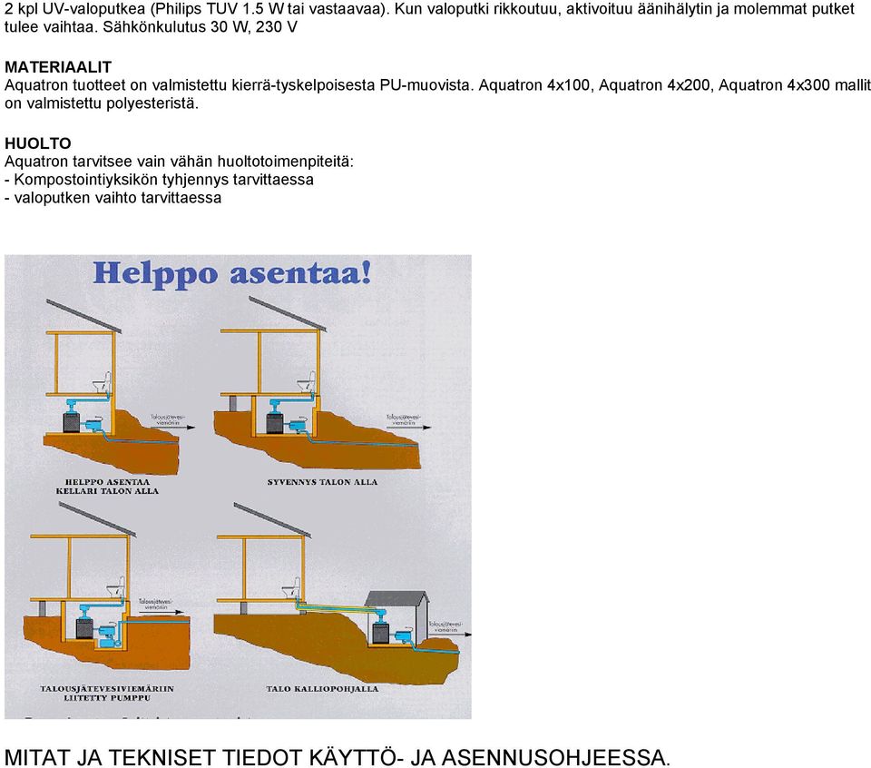 Sähkönkulutus 30 W, 230 V MATERIAALIT Aquatron tuotteet on valmistettu kierrä-tyskelpoisesta PU-muovista.