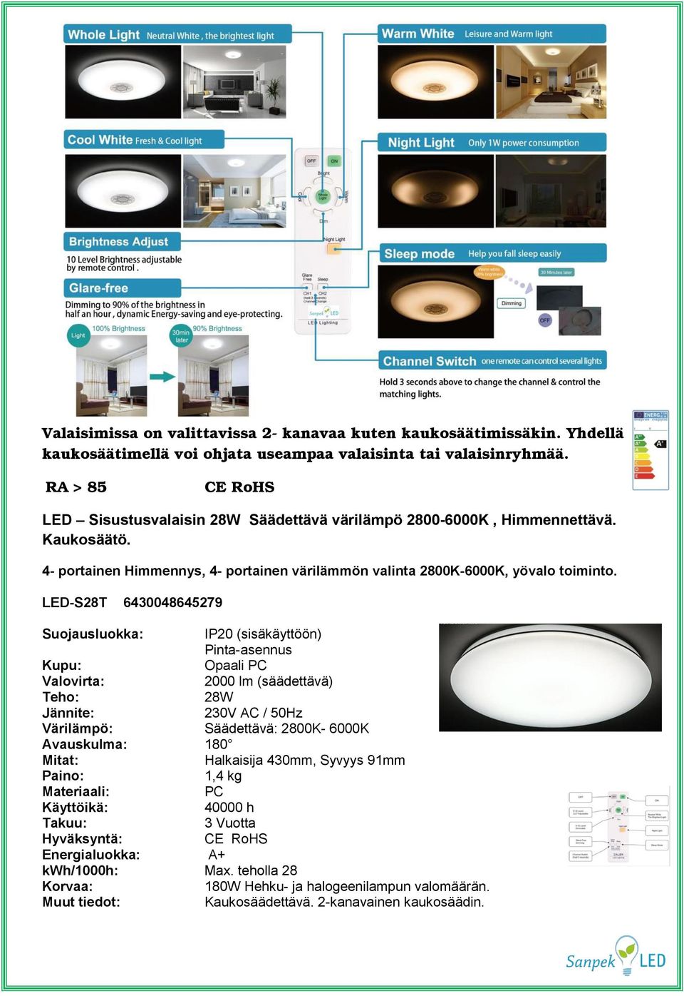 RA > 85 LED Sisustusvalaisin 28W Säädettävä värilämpö 2800-6000K, Himmennettävä.