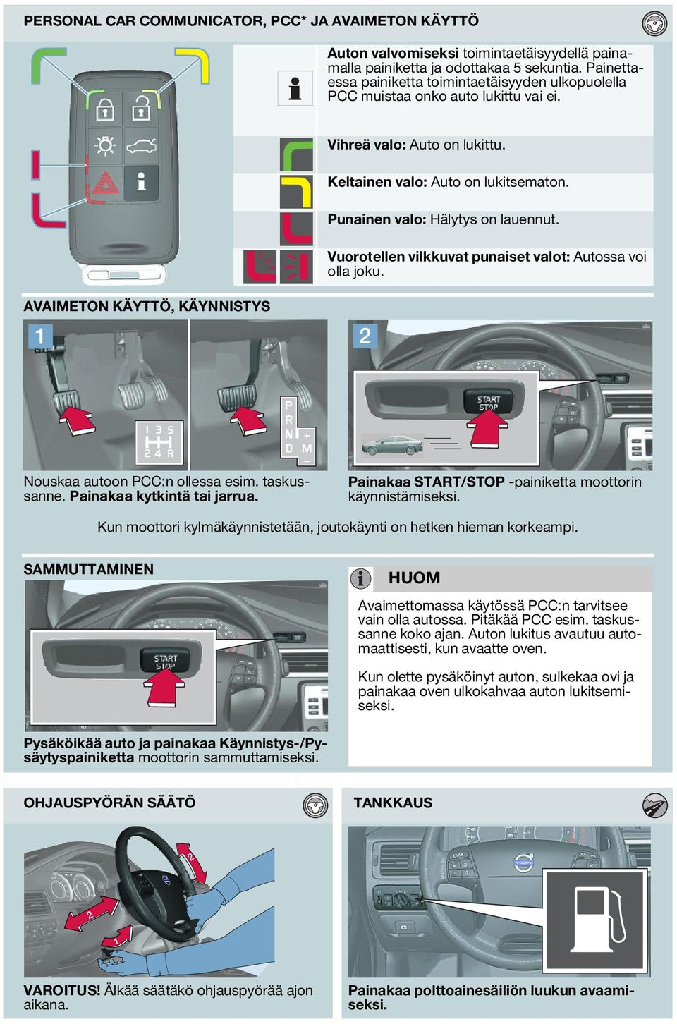 Vuorotellen vilkkuvat punaiset valot: Autossa voi olla joku. AVAIMETON KÄYTTÖ, KÄYNNISTYS Nouskaa autoon PCC:n ollessa esim. taskussanne. Painakaa kytkintä tai jarrua.