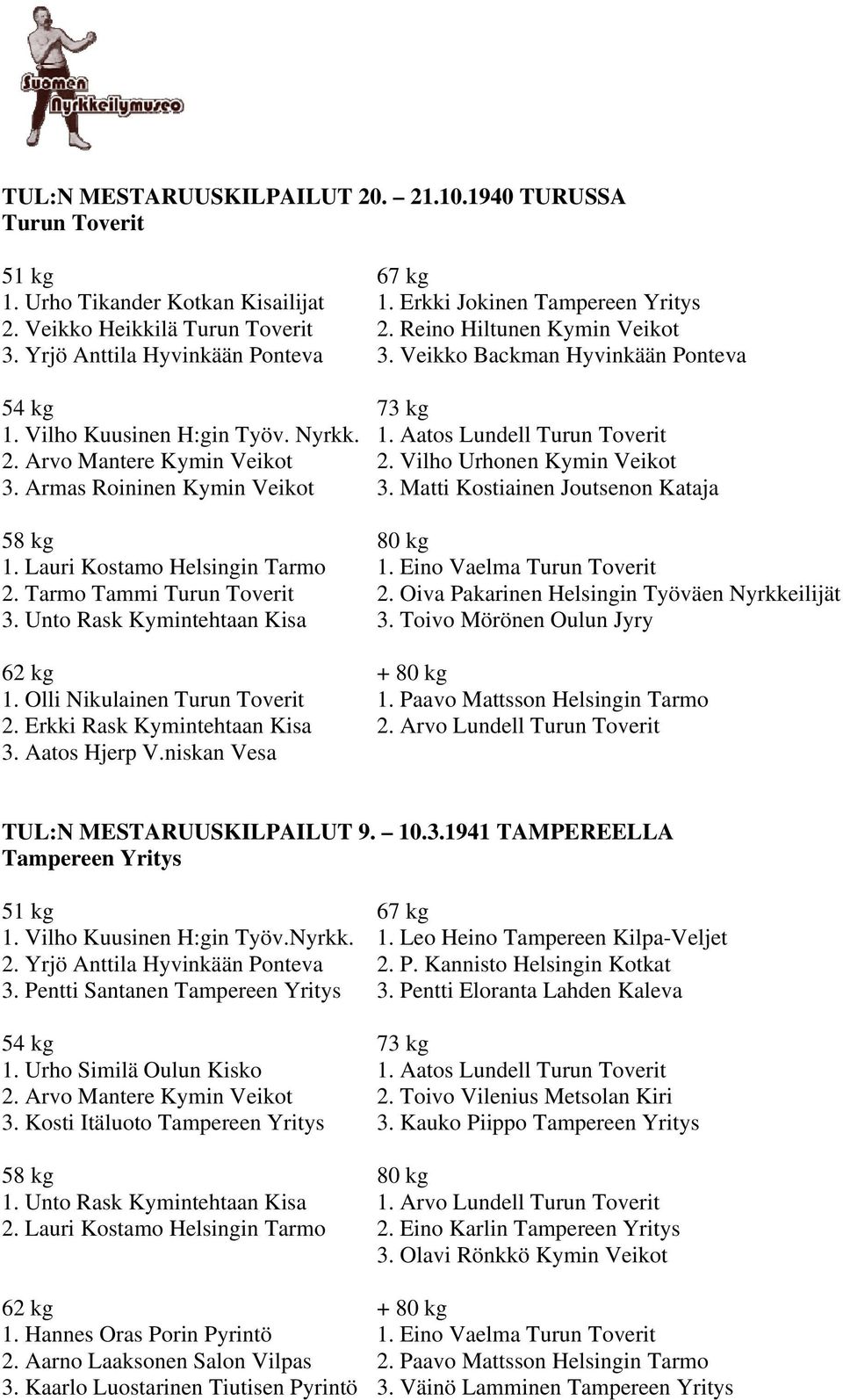 Armas Roininen Kymin Veikot 3. Matti Kostiainen Joutsenon Kataja 1. Lauri Kostamo Helsingin Tarmo 1. Eino Vaelma Turun Toverit 2. Tarmo Tammi Turun Toverit 2.