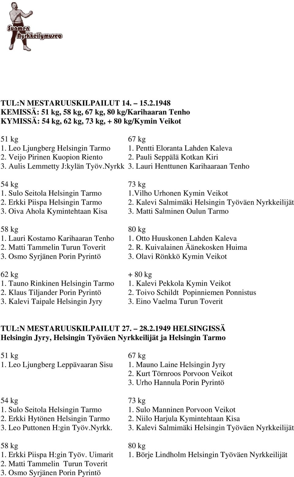 Vilho Urhonen Kymin Veikot 2. Erkki Piispa Helsingin Tarmo 2. Kalevi Salmimäki Helsingin Työväen Nyrkkeilijät 3. Oiva Ahola Kymintehtaan Kisa 3. Matti Salminen Oulun Tarmo 1.