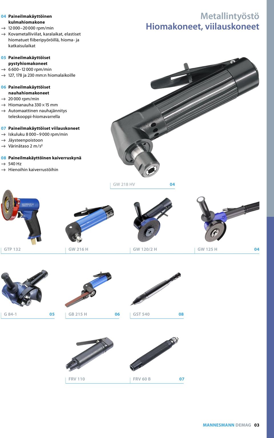 330 15 mm a Automaattinen nauhajännitys teleskooppi-hiomavarrella 07 Paineilmakäyttöiset viilauskoneet a Iskuluku 8 000 9 000 rpm/min a Jäysteenpoistoon a Värinätaso 2 m / s 2 08