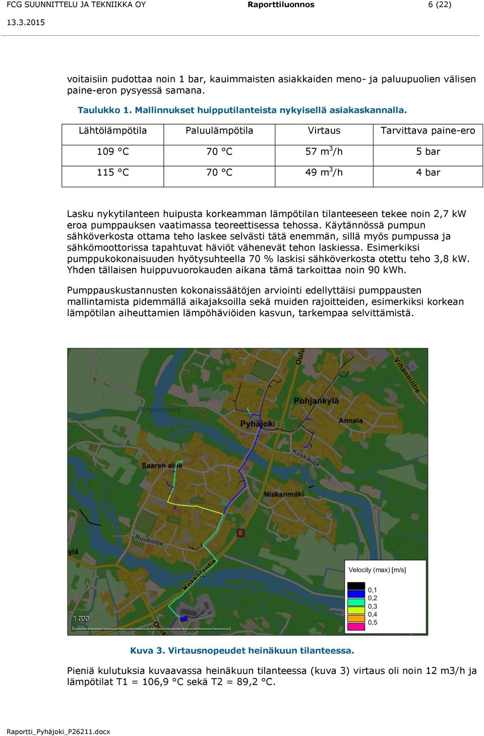 Lähtölämpötila Paluulämpötila Virtaus Tarvittava paine-ero 109 C 70 C 57 m 3 /h 5 bar 115 C 70 C 49 m 3 /h 4 bar Lasku nykytilanteen huipusta korkeamman lämpötilan tilanteeseen tekee noin 2,7 kw eroa