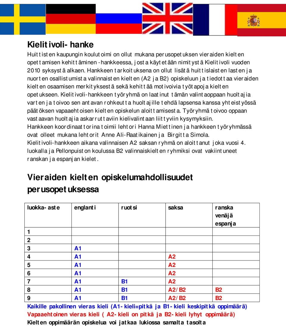Hankkeen tarkoituksena on ollut lisätä huittislaisten lasten ja nuorten osallistumista valinnaisten kielten (A2 ja B2) opiskeluun ja tiedottaa vieraiden kielten osaamisen merkityksestä sekä kehittää
