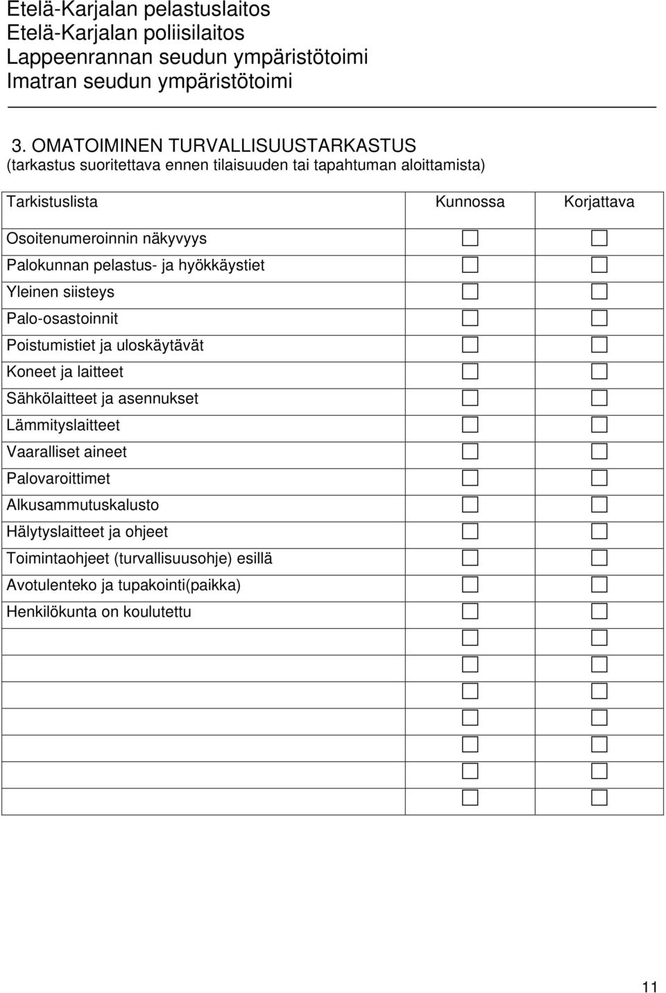 Poistumistiet ja uloskäytävät Koneet ja laitteet Sähkölaitteet ja asennukset Lämmityslaitteet Vaaralliset aineet Palovaroittimet